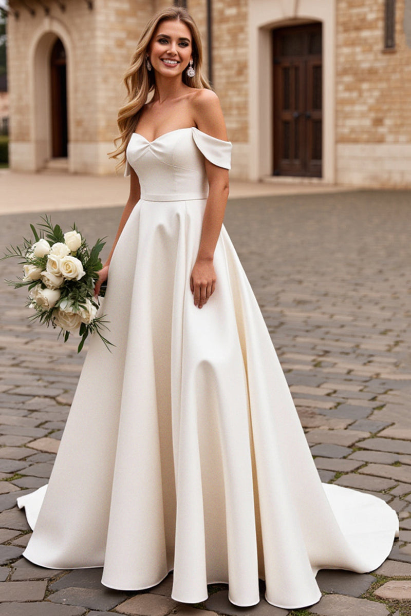 Load image into Gallery viewer, Ivory A Line Off The Shoulder Satin Long Wedding Dress