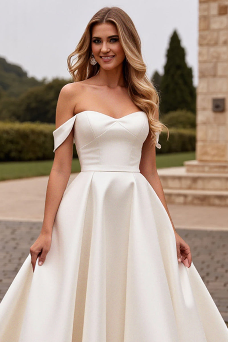 Load image into Gallery viewer, Ivory A Line Off The Shoulder Satin Long Wedding Dress