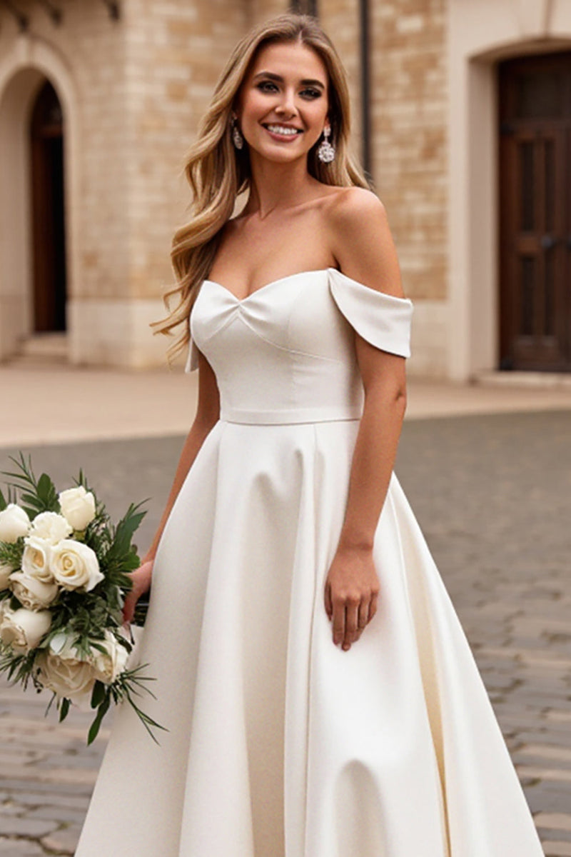 Load image into Gallery viewer, Ivory A Line Off The Shoulder Satin Long Wedding Dress