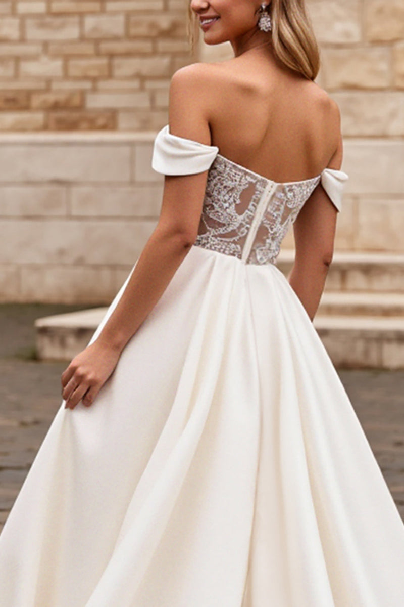 Load image into Gallery viewer, Ivory A Line Off The Shoulder Satin Long Wedding Dress