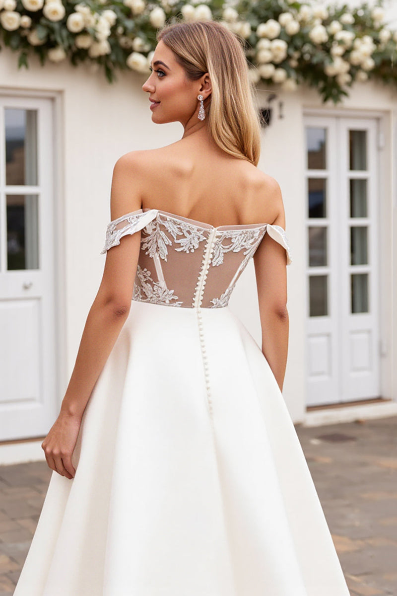Load image into Gallery viewer, Ivory A Line Off The Shoulder Lace Appliqued Wedding Dress