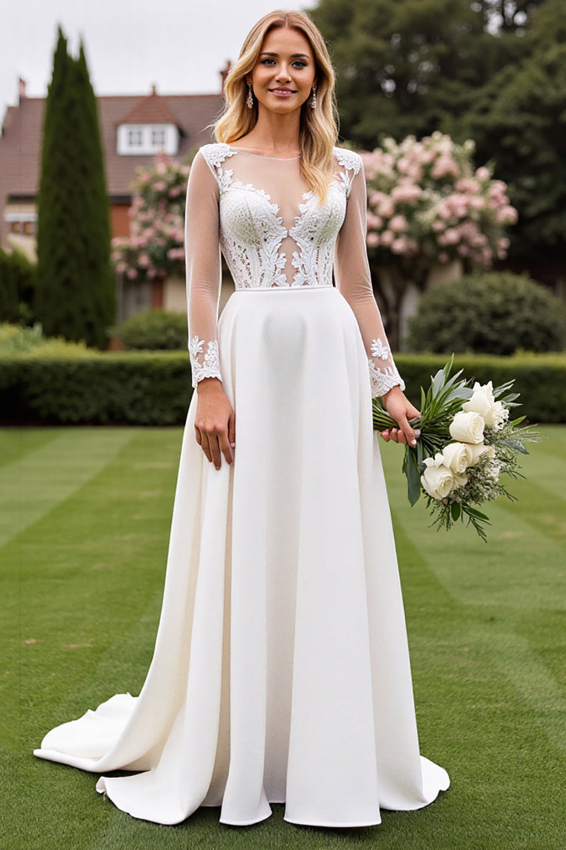 Load image into Gallery viewer, A Line Ivory Long Sleeves Lace Appliqued Wedding Dress