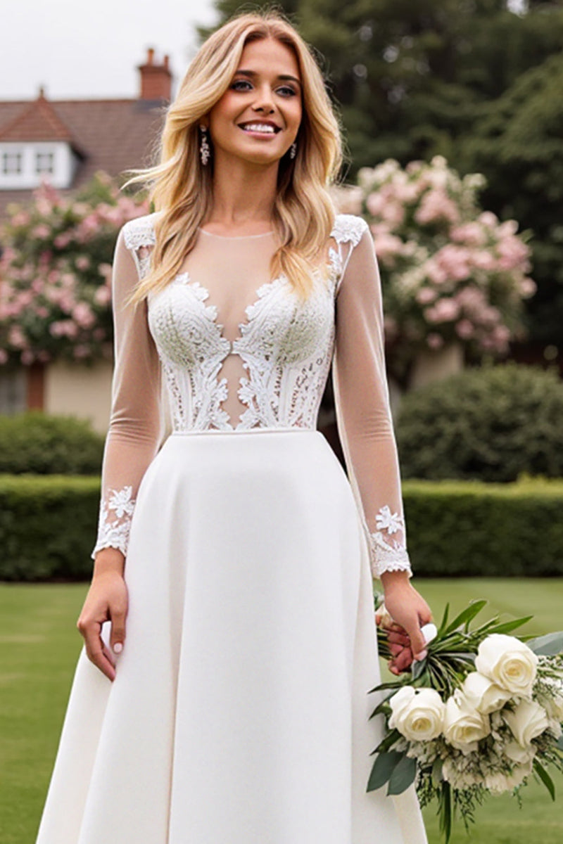 Load image into Gallery viewer, A Line Ivory Long Sleeves Lace Appliqued Wedding Dress