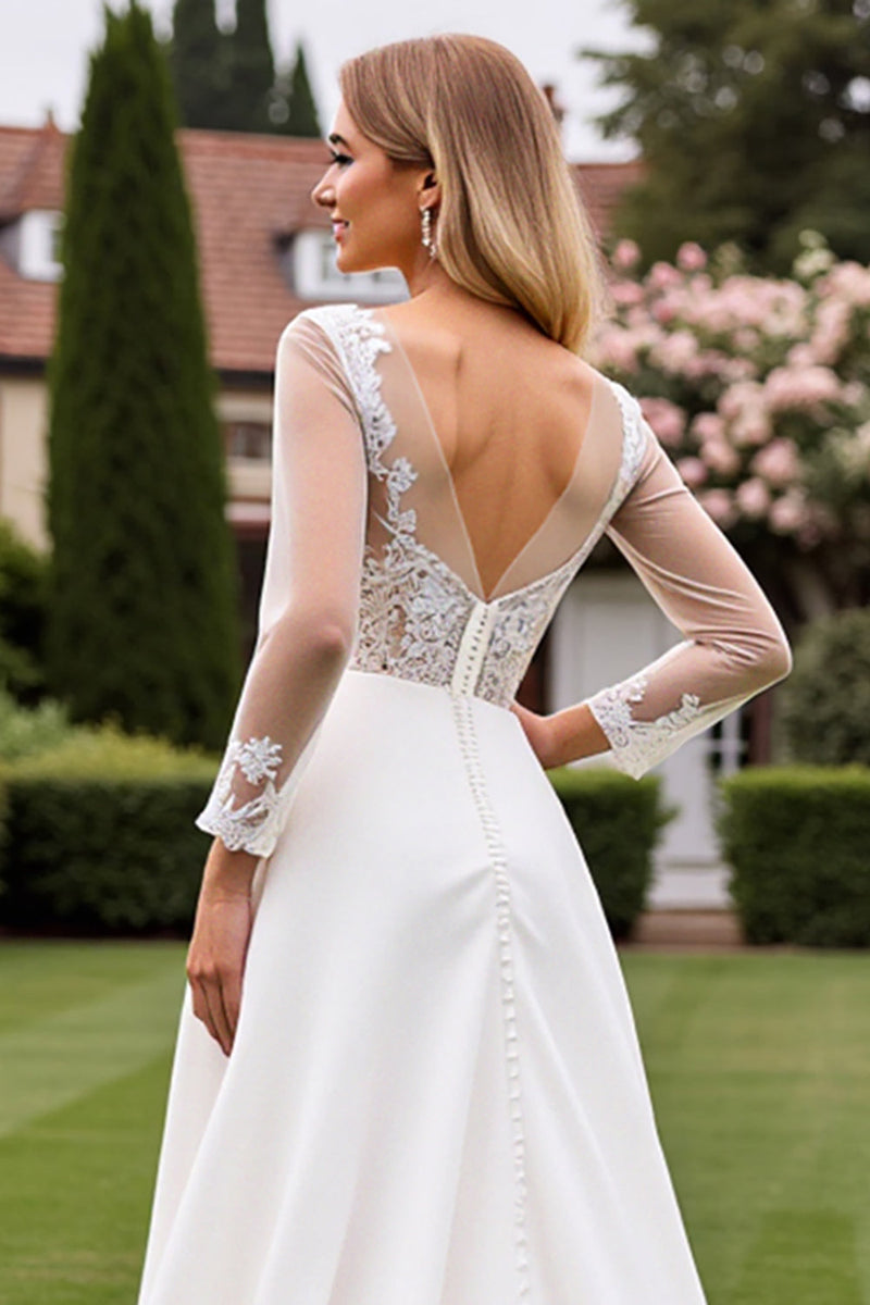 Load image into Gallery viewer, A Line Ivory Long Sleeves Lace Appliqued Wedding Dress