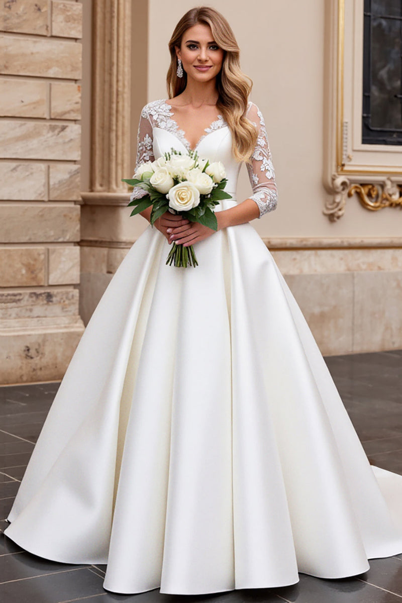 Load image into Gallery viewer, A Line Long Sleeves Ivory Appliqued Wedding Dress