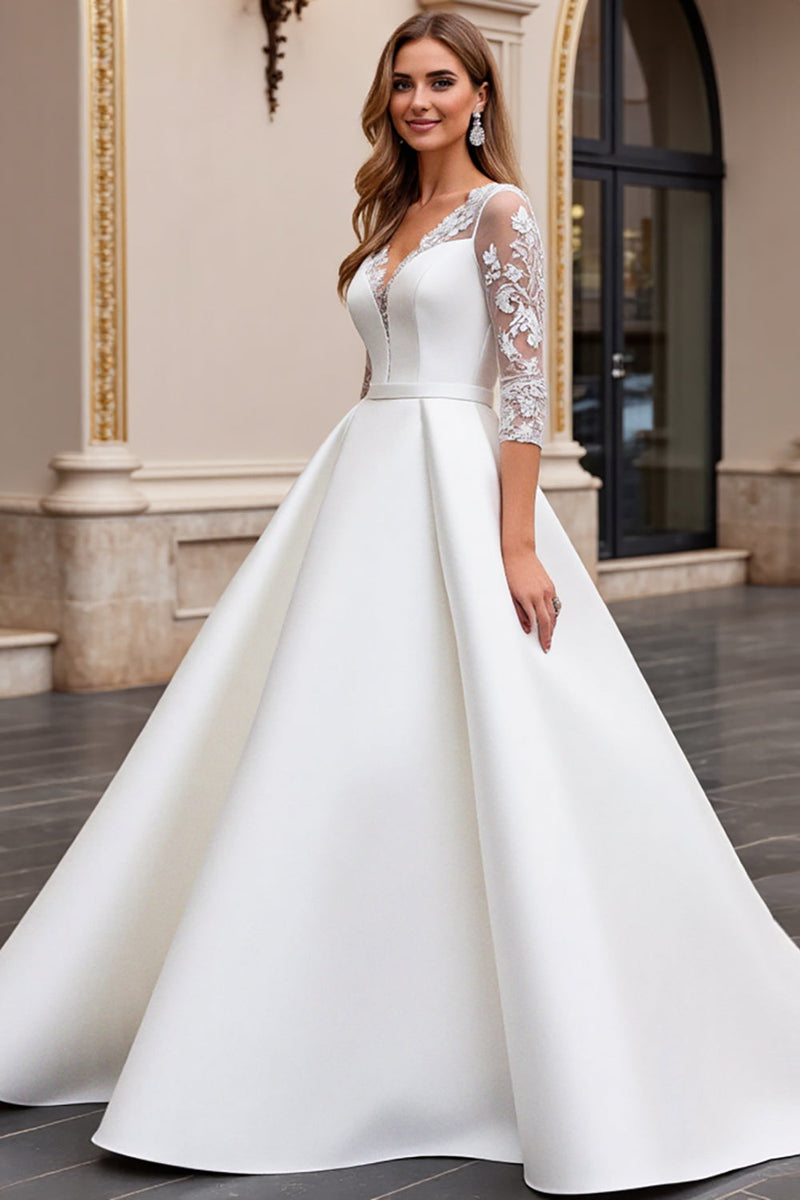 Load image into Gallery viewer, A Line Long Sleeves Ivory Appliqued Wedding Dress