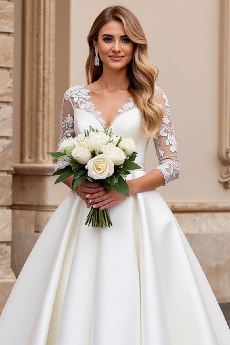 Load image into Gallery viewer, A Line Long Sleeves Ivory Appliqued Wedding Dress