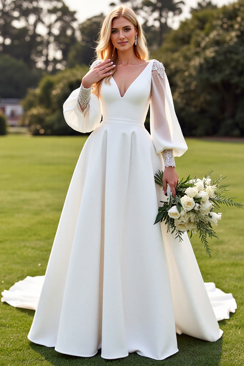 Load image into Gallery viewer, Long Sleeves Ivory A Line Pleated Wedding Dress