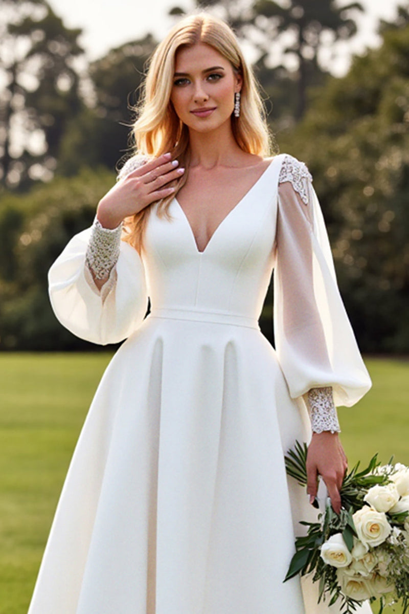 Load image into Gallery viewer, Long Sleeves Ivory A Line Pleated Wedding Dress