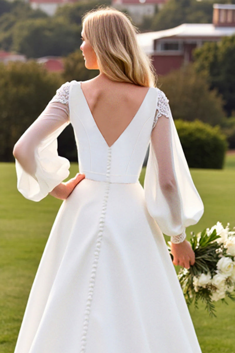 Load image into Gallery viewer, Long Sleeves Ivory A Line Pleated Wedding Dress