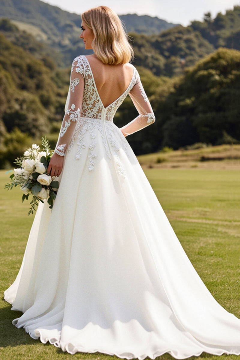 Load image into Gallery viewer, Long Sleeves Ivory A Line Lace Appliqued Wedding Dress