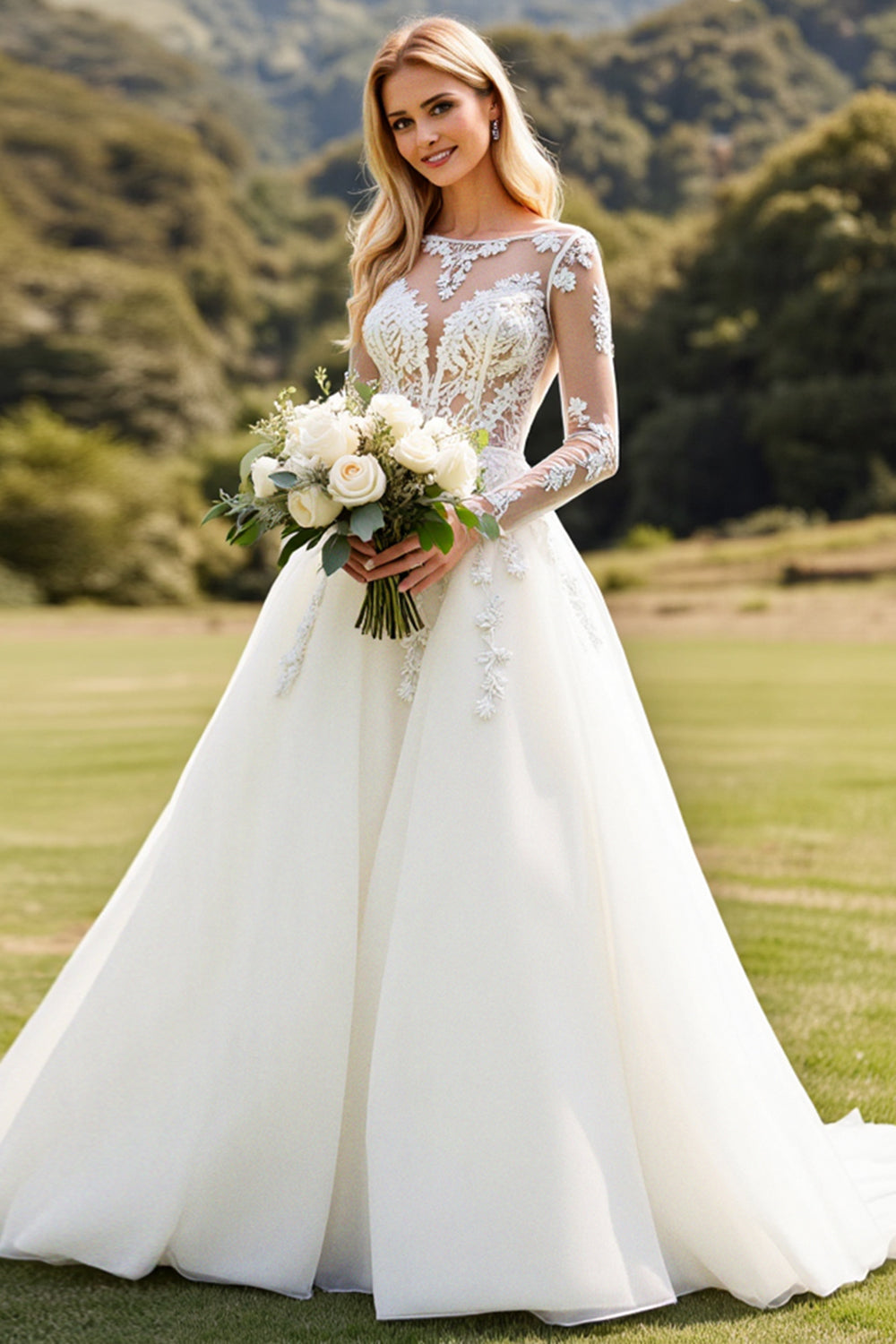 Long Sleeves Ivory A Line Lace Appliqued Wedding Dress