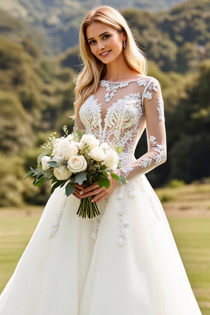Load image into Gallery viewer, Long Sleeves Ivory A Line Lace Appliqued Wedding Dress