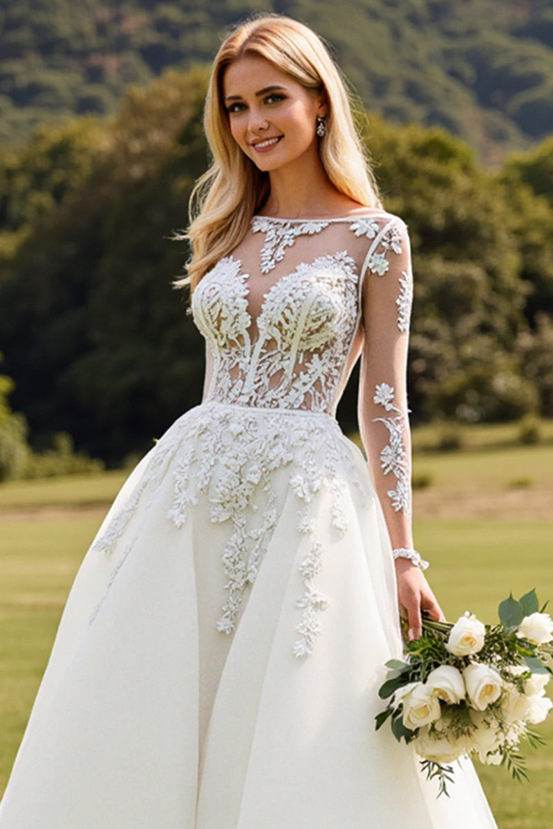 Load image into Gallery viewer, Long Sleeves Ivory A Line Lace Appliqued Wedding Dress