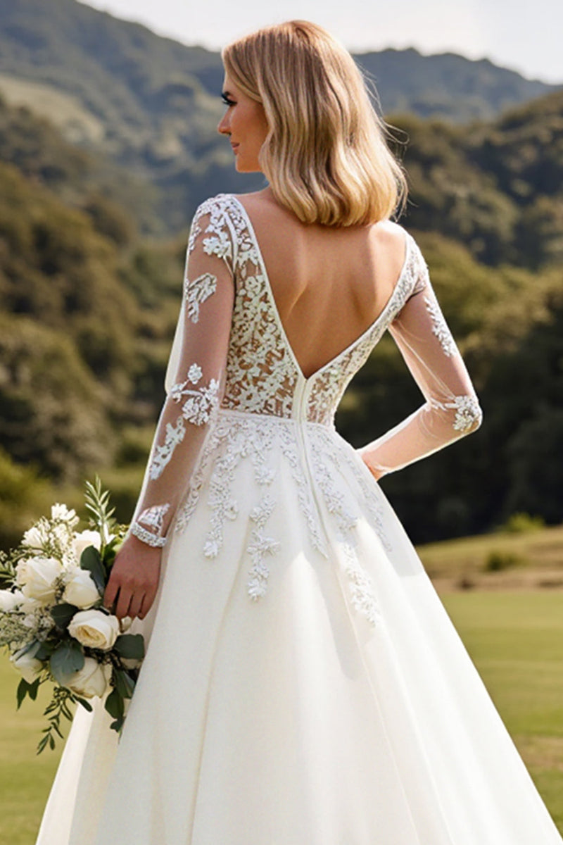 Load image into Gallery viewer, Long Sleeves Ivory A Line Lace Appliqued Wedding Dress