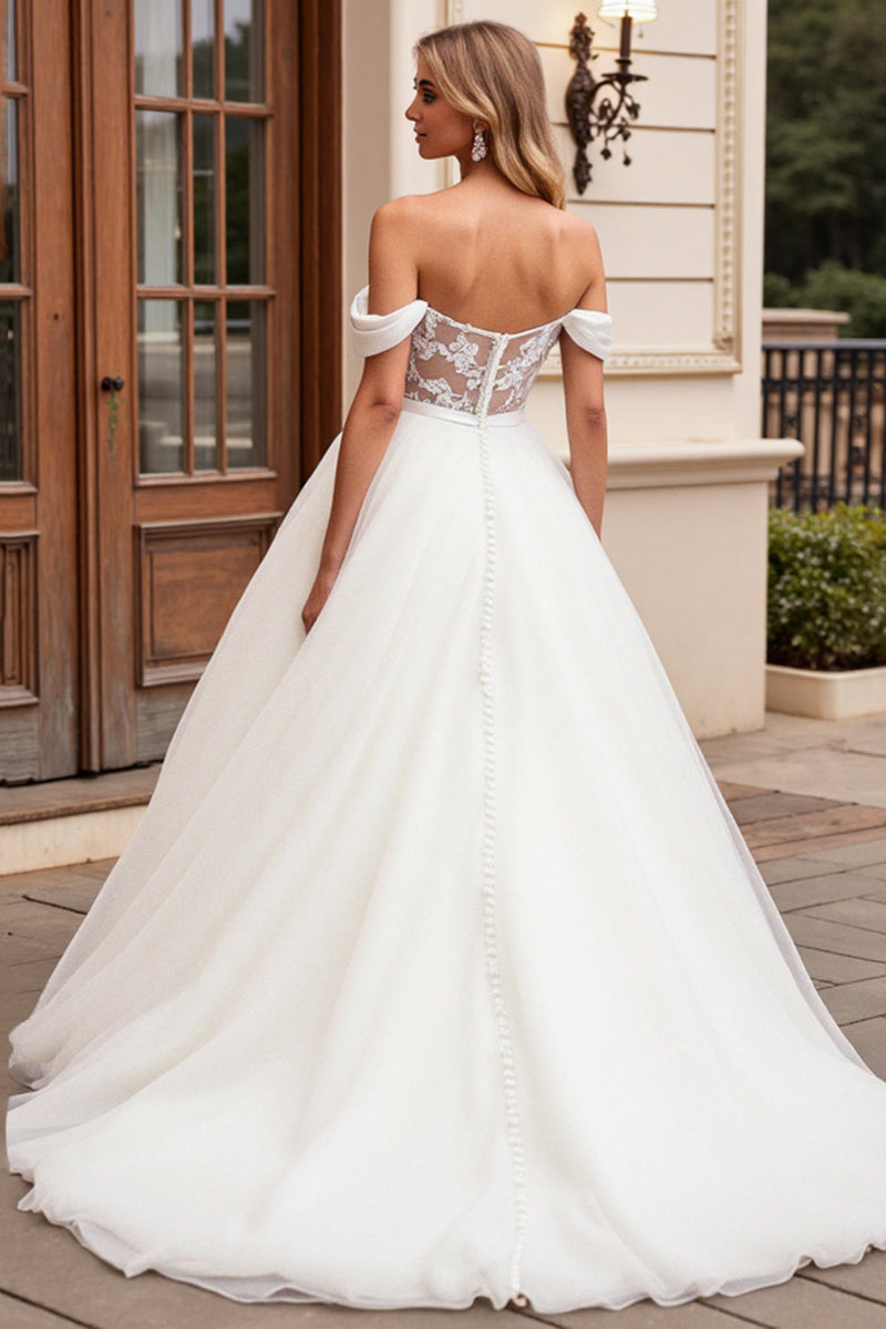 Load image into Gallery viewer, A Line Off The Shoulder Lace Appliqued Ivory Wedding Dress