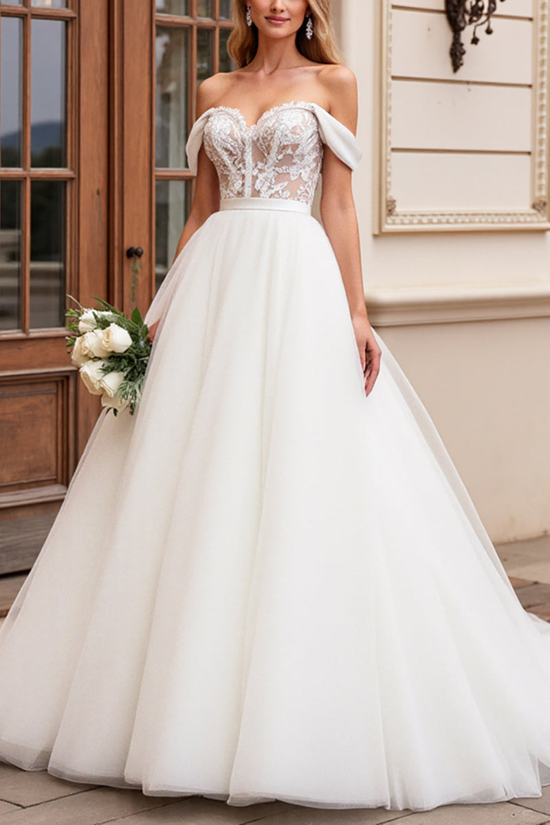 Load image into Gallery viewer, A Line Off The Shoulder Lace Appliqued Ivory Wedding Dress