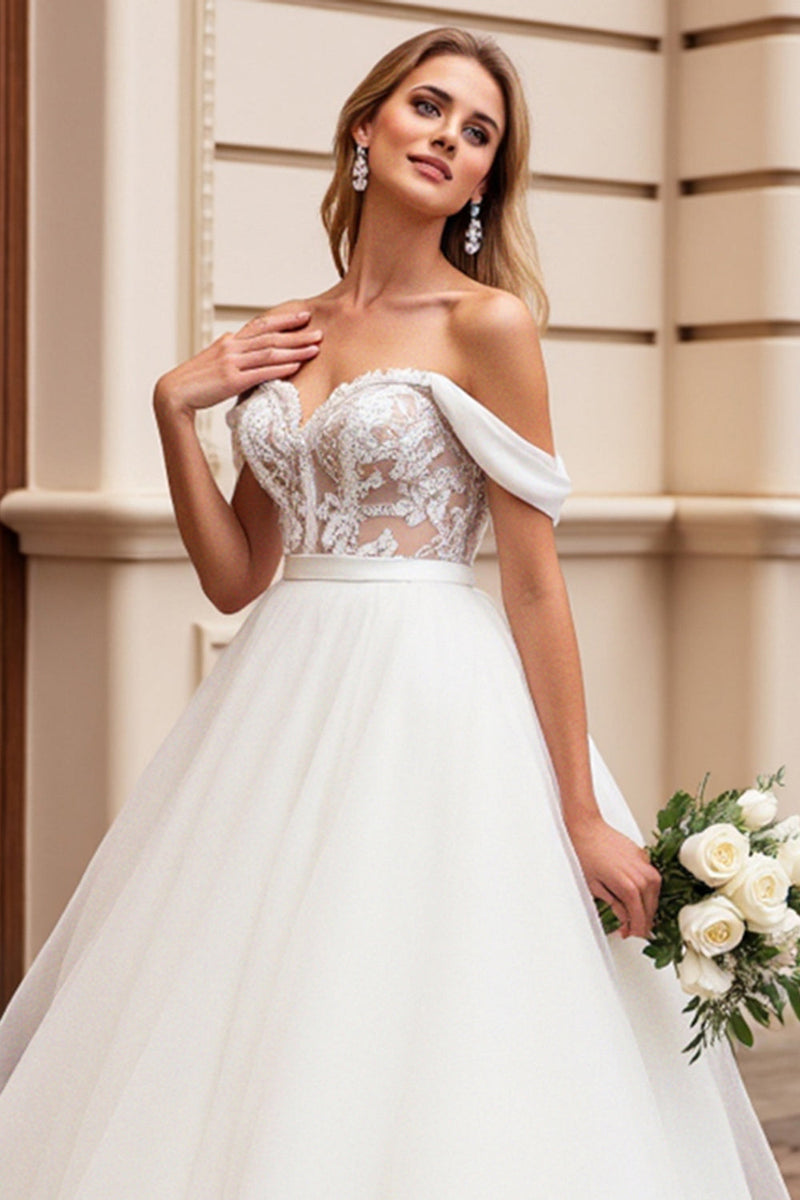 Load image into Gallery viewer, A Line Off The Shoulder Lace Appliqued Ivory Wedding Dress