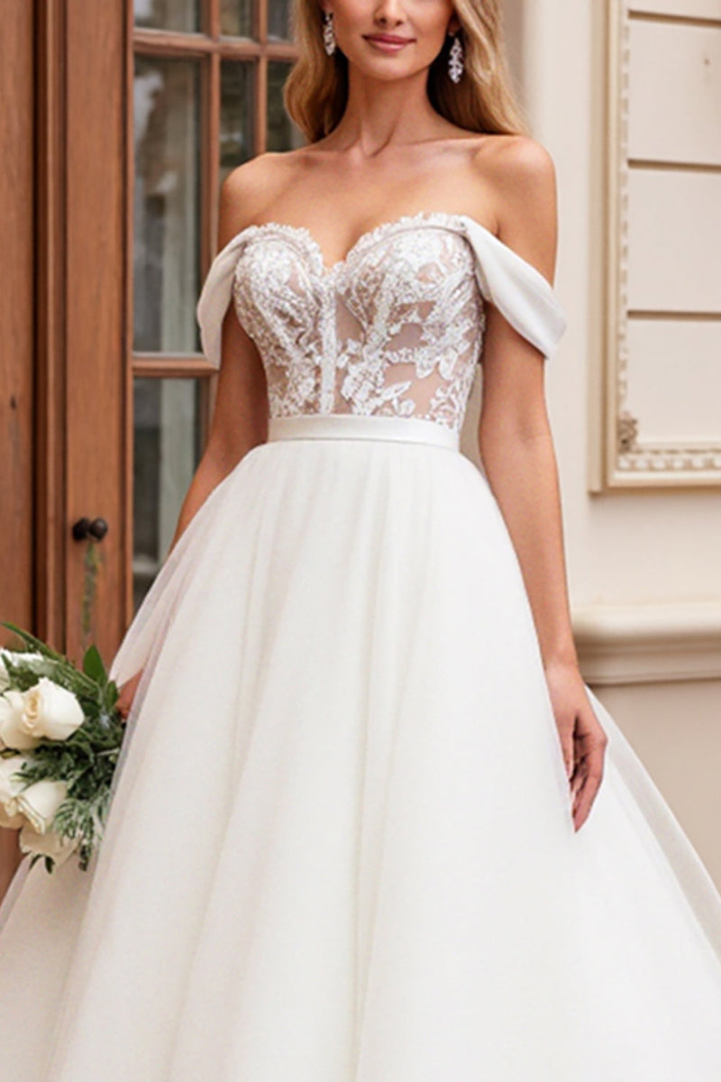 Load image into Gallery viewer, A Line Off The Shoulder Lace Appliqued Ivory Wedding Dress