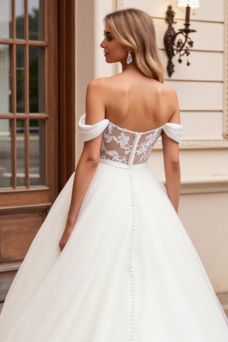 Load image into Gallery viewer, A Line Off The Shoulder Lace Appliqued Ivory Wedding Dress