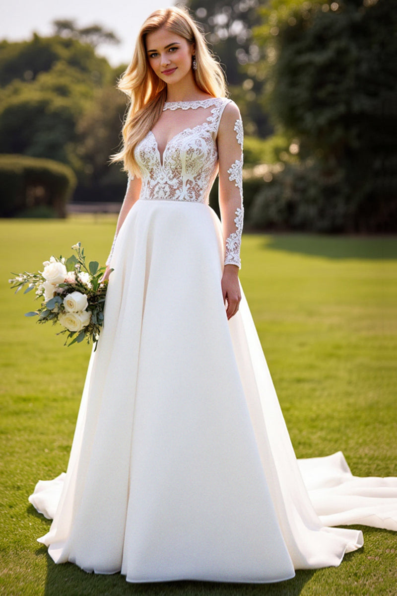 Load image into Gallery viewer, A Line Lace Appliqued Long Sleeves Ivory Wedding Dress
