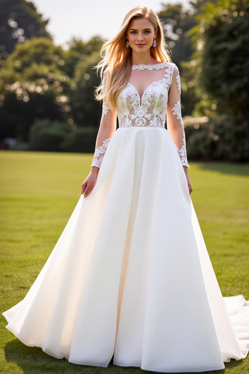 Load image into Gallery viewer, A Line Lace Appliqued Long Sleeves Ivory Wedding Dress