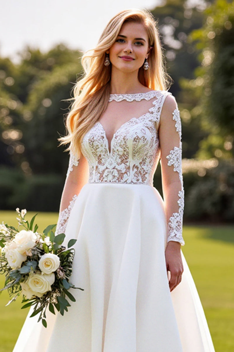 Load image into Gallery viewer, A Line Lace Appliqued Long Sleeves Ivory Wedding Dress