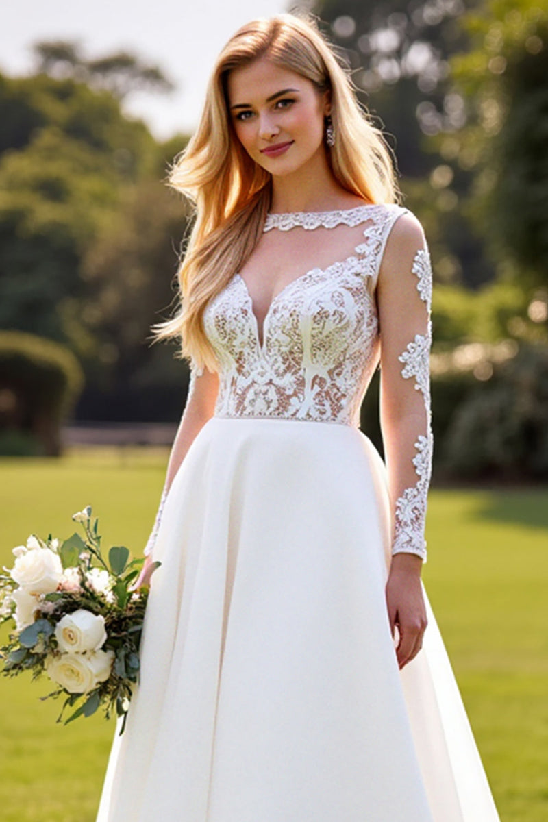 Load image into Gallery viewer, A Line Lace Appliqued Long Sleeves Ivory Wedding Dress