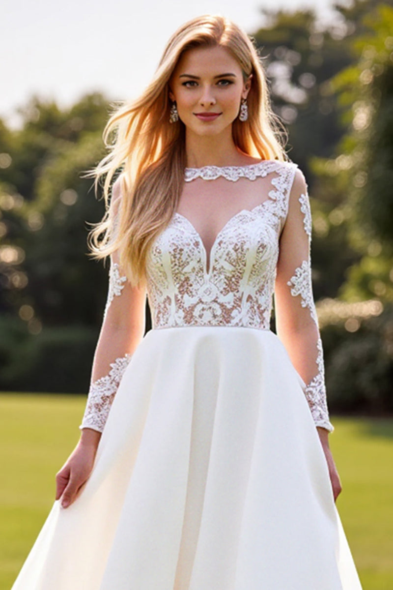 Load image into Gallery viewer, A Line Lace Appliqued Long Sleeves Ivory Wedding Dress