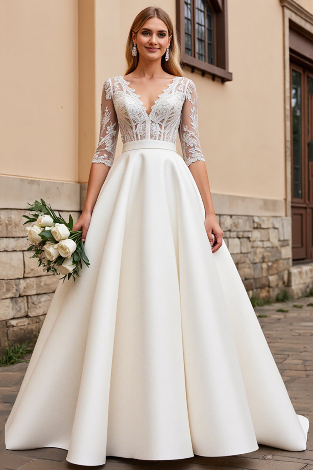 A Line Half Sleeves Ivory Lace Long Wedding Dress