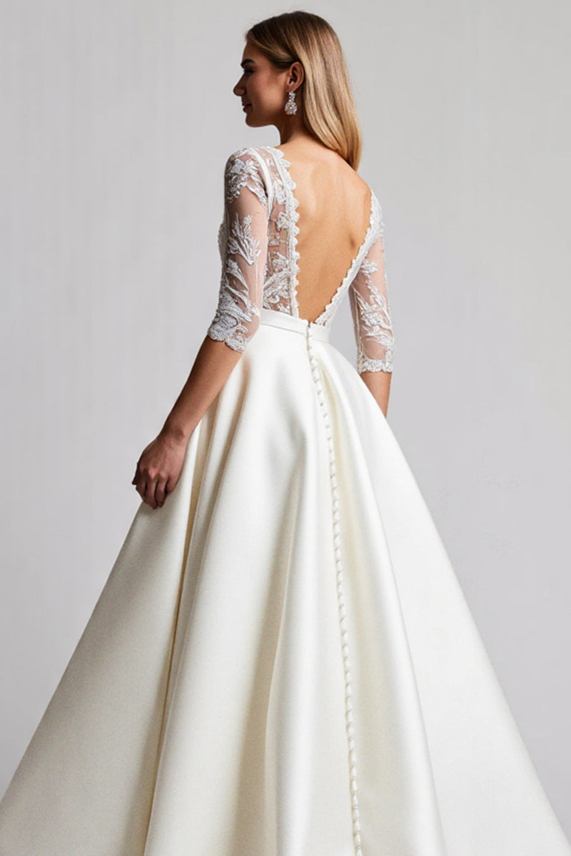 Load image into Gallery viewer, A Line Half Sleeves Ivory Lace Long Wedding Dress