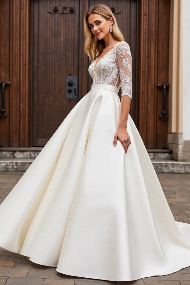 Load image into Gallery viewer, A Line Half Sleeves Ivory Lace Long Wedding Dress