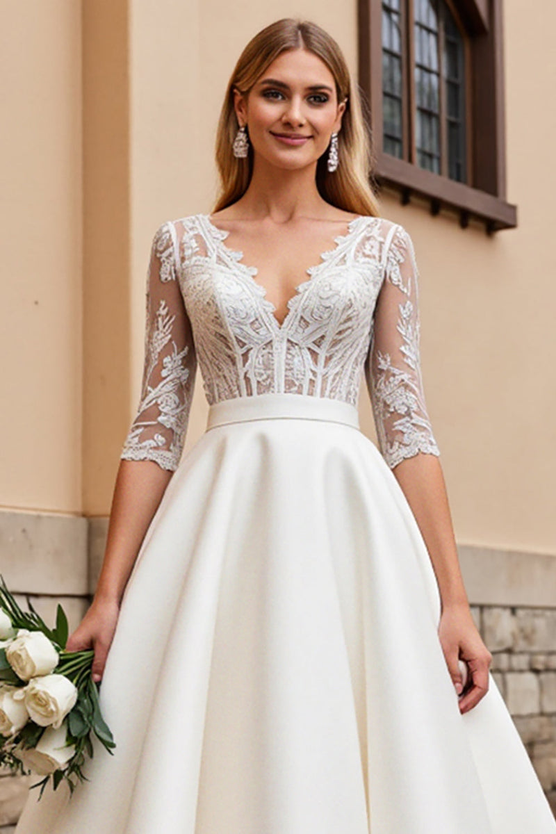 Load image into Gallery viewer, A Line Half Sleeves Ivory Lace Long Wedding Dress