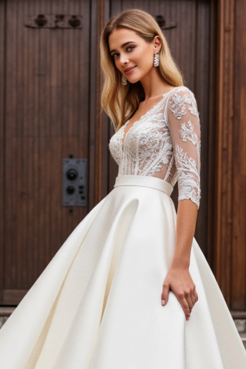 Load image into Gallery viewer, A Line Half Sleeves Ivory Lace Long Wedding Dress