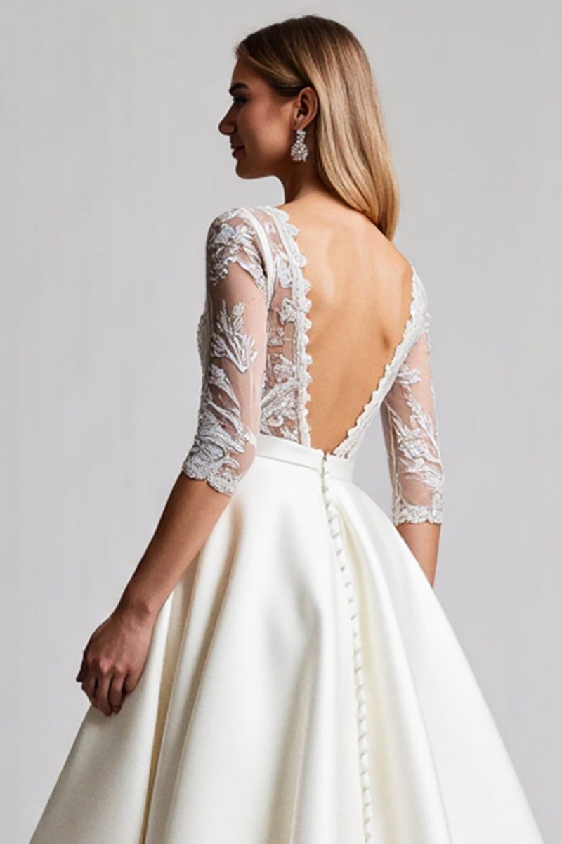 Load image into Gallery viewer, A Line Half Sleeves Ivory Lace Long Wedding Dress