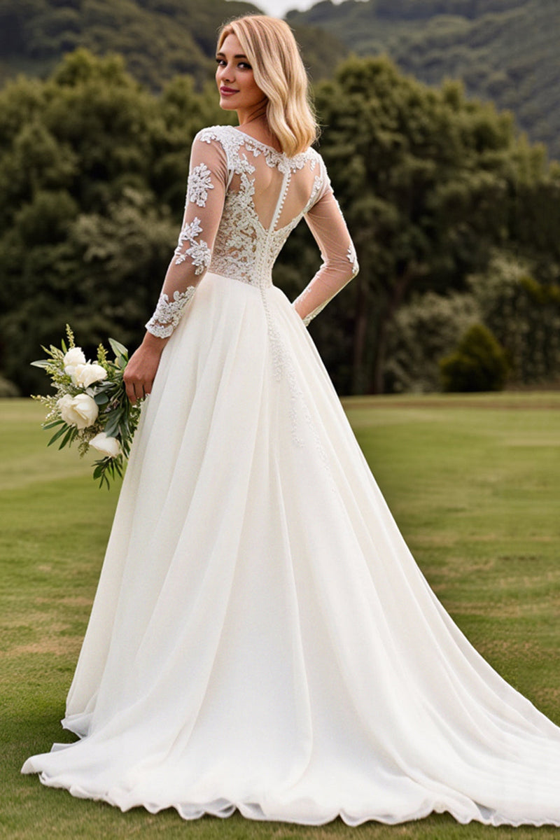 Load image into Gallery viewer, A Line Appliqued Long Sleeves Ivory Pleated Wedding Dress