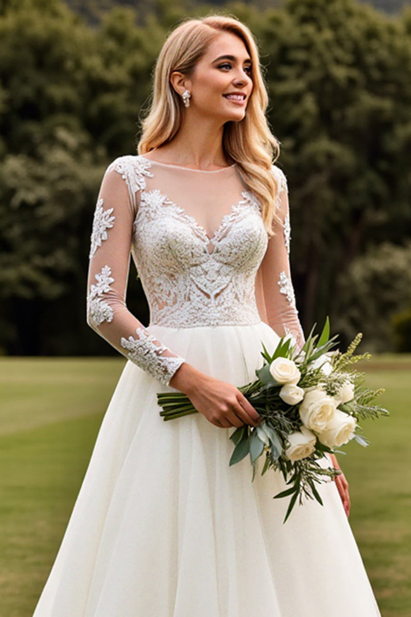 Load image into Gallery viewer, A Line Appliqued Long Sleeves Ivory Pleated Wedding Dress