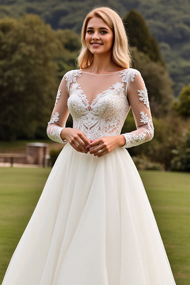 Load image into Gallery viewer, A Line Appliqued Long Sleeves Ivory Pleated Wedding Dress