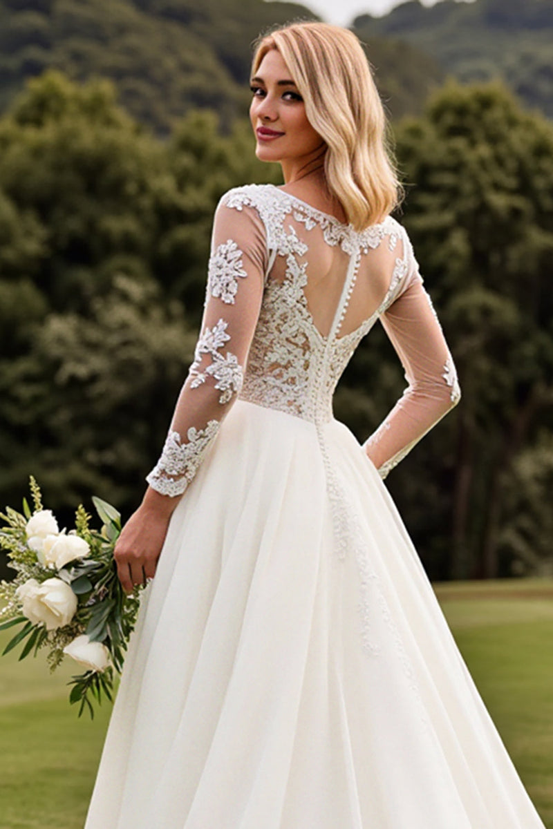 Load image into Gallery viewer, A Line Appliqued Long Sleeves Ivory Pleated Wedding Dress