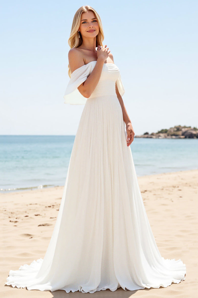 Load image into Gallery viewer, Ivory A Line Off The Shoulder Long Wedding Dress with Slit
