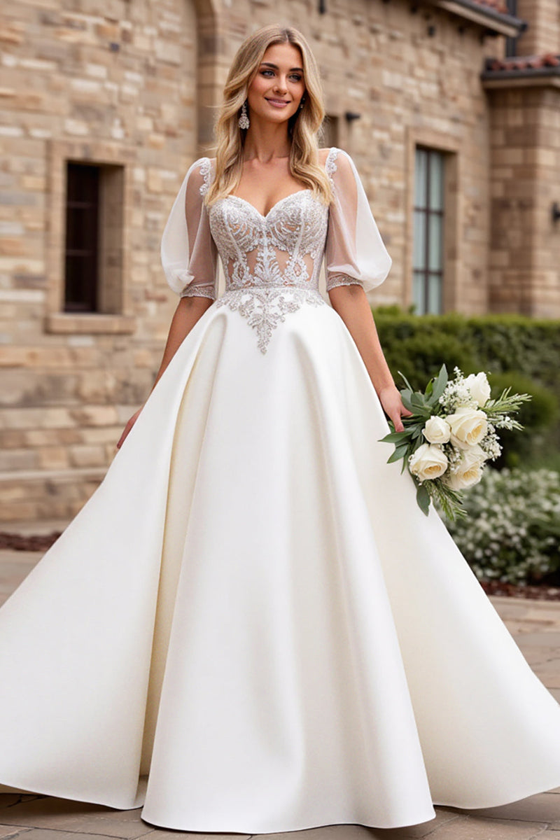 Load image into Gallery viewer, Ivory A Line Half Sleeves Appliqued Long Wedding Dress