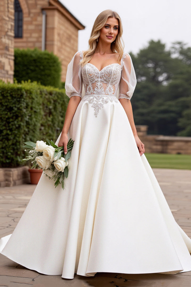 Load image into Gallery viewer, Ivory A Line Half Sleeves Appliqued Long Wedding Dress