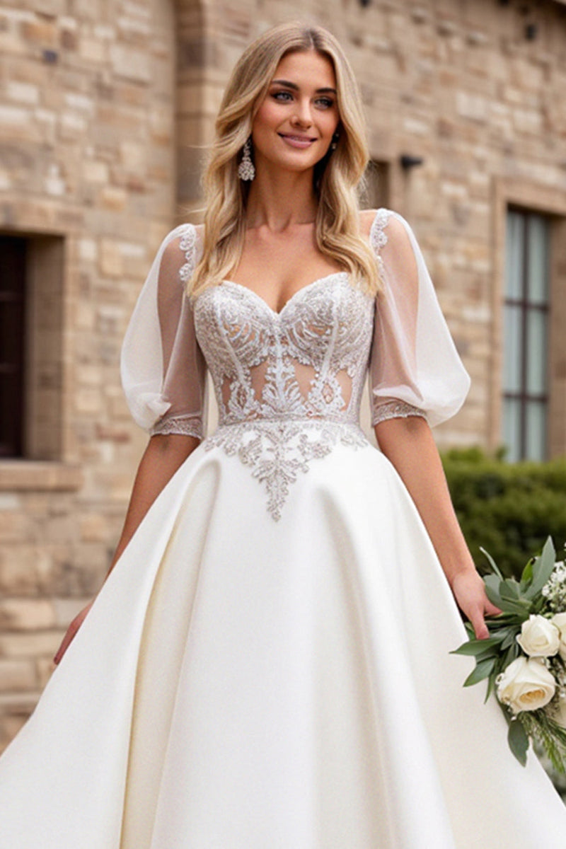 Load image into Gallery viewer, Ivory A Line Half Sleeves Appliqued Long Wedding Dress