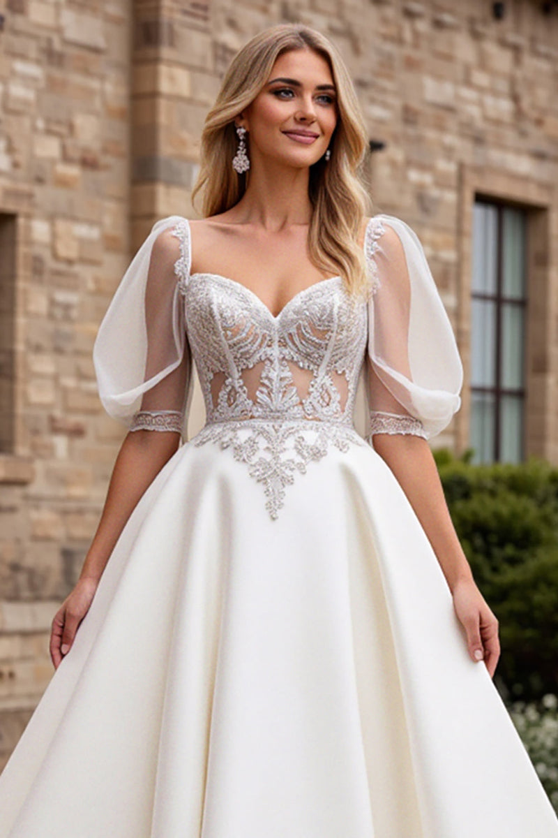 Load image into Gallery viewer, Ivory A Line Half Sleeves Appliqued Long Wedding Dress