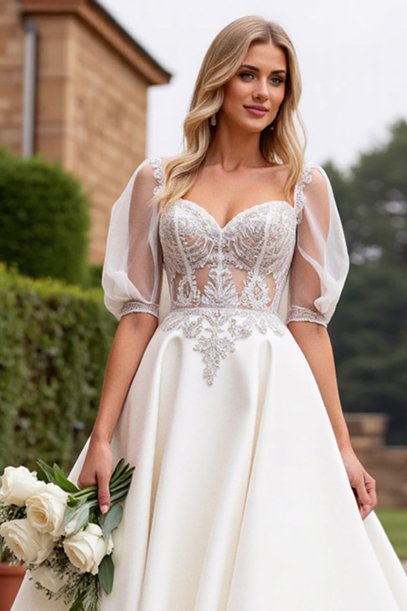 Load image into Gallery viewer, Ivory A Line Half Sleeves Appliqued Long Wedding Dress