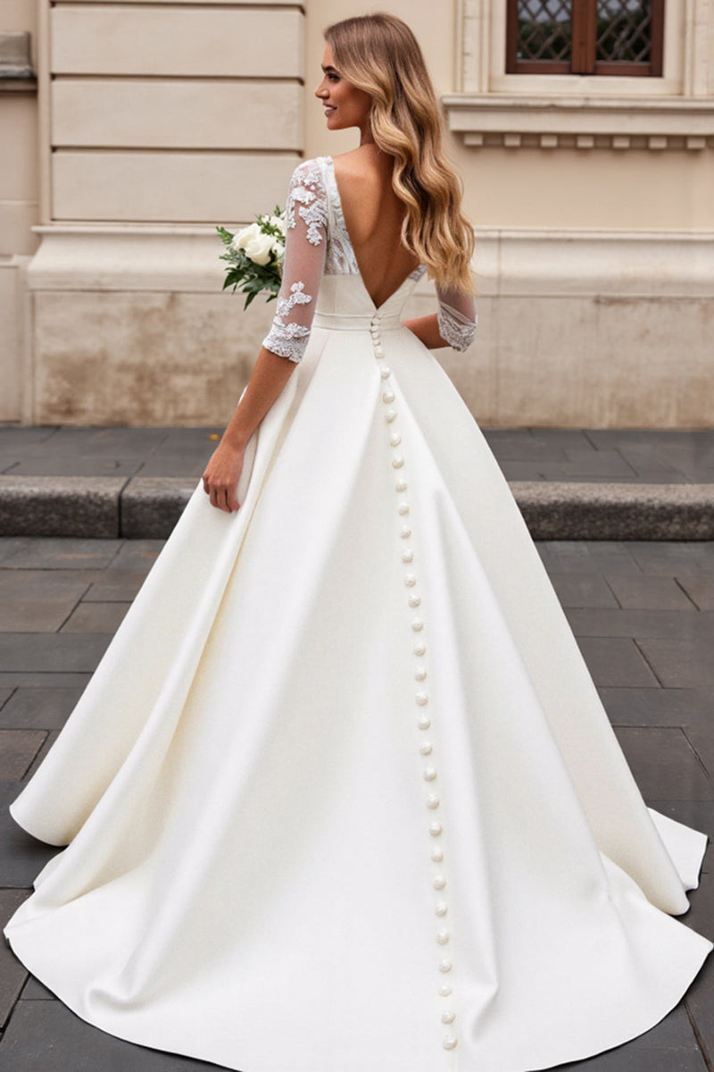 Load image into Gallery viewer, A Line Long Sleeves Ivory Lace Wedding Dress