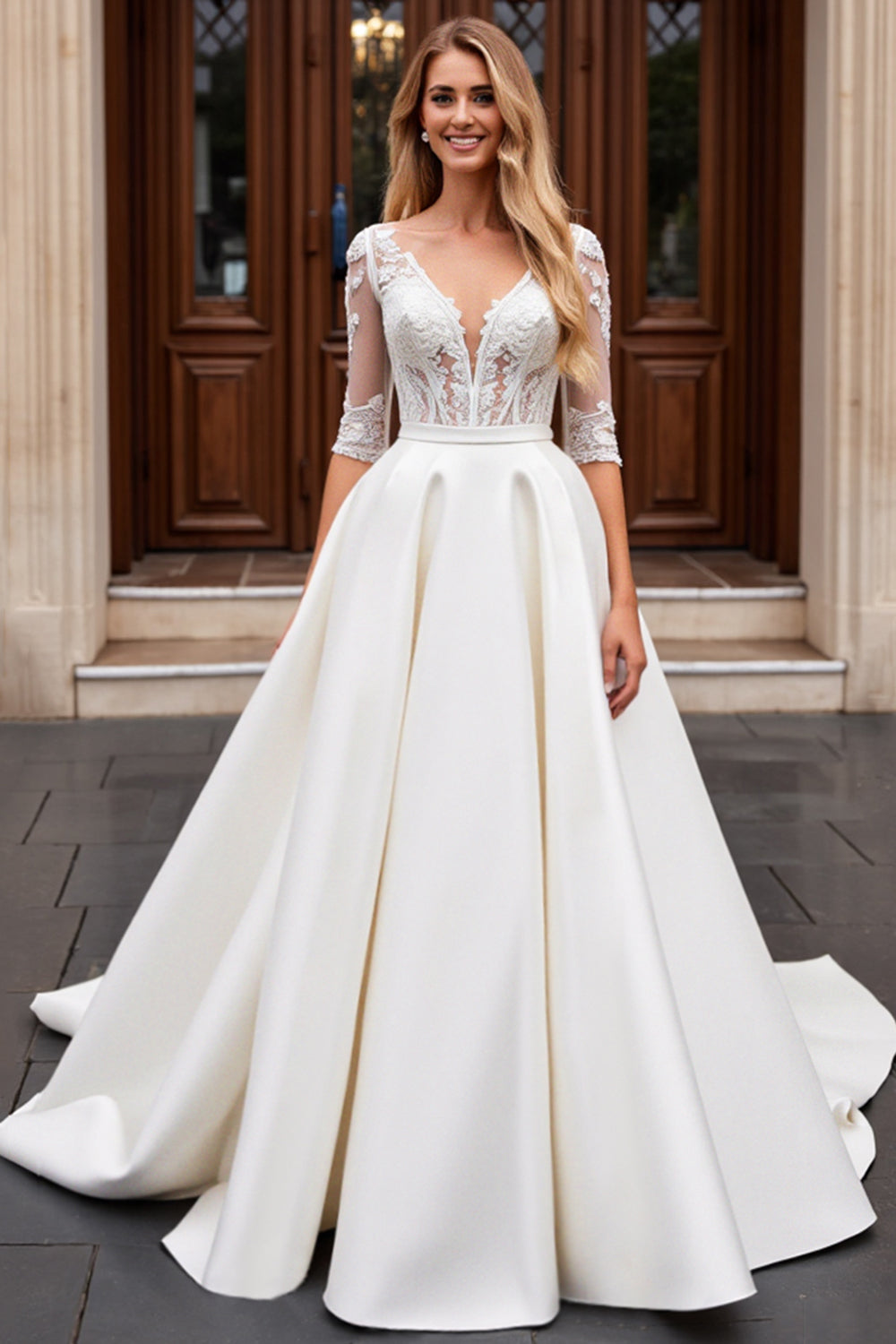A Line Long Sleeves Ivory Lace Wedding Dress