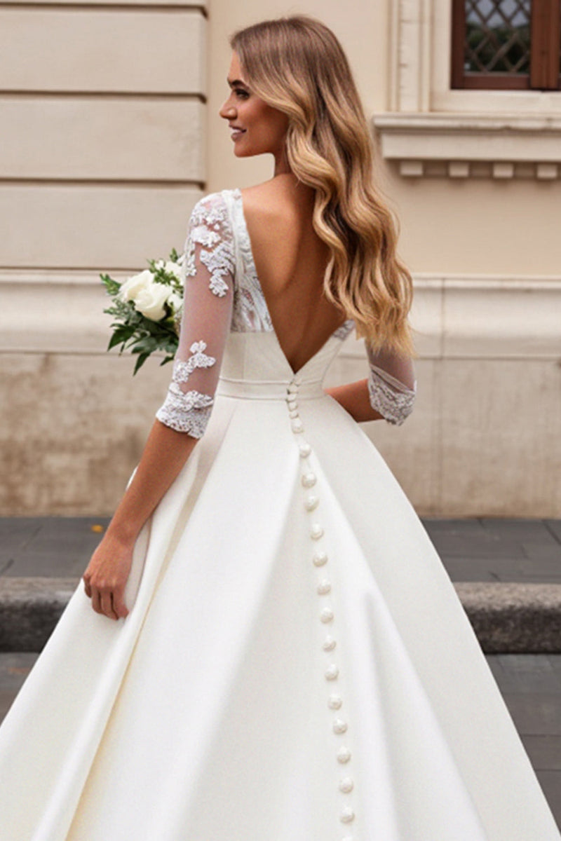 Load image into Gallery viewer, A Line Long Sleeves Ivory Lace Wedding Dress