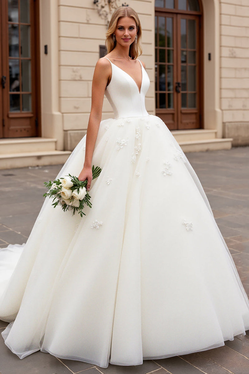 Load image into Gallery viewer, Ivory A-Line Spaghetti Straps Tulle Bridal Dress