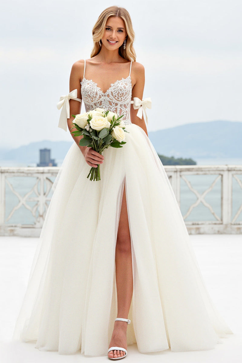 Load image into Gallery viewer, Beach Ivory A-Line Spaghetti Straps Bows Laced Tulle Wedding Dress With Slit